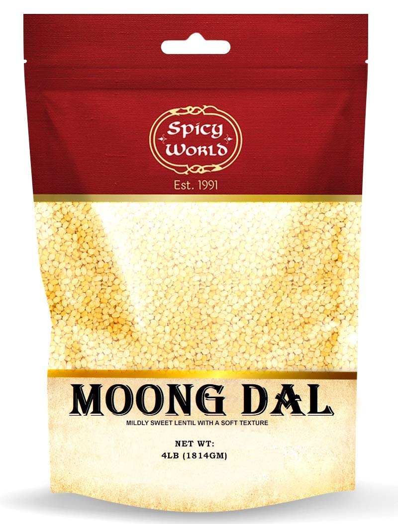 Spicy World Indian Moong Dal 4 lb package front, premium split lentils for authentic dals.