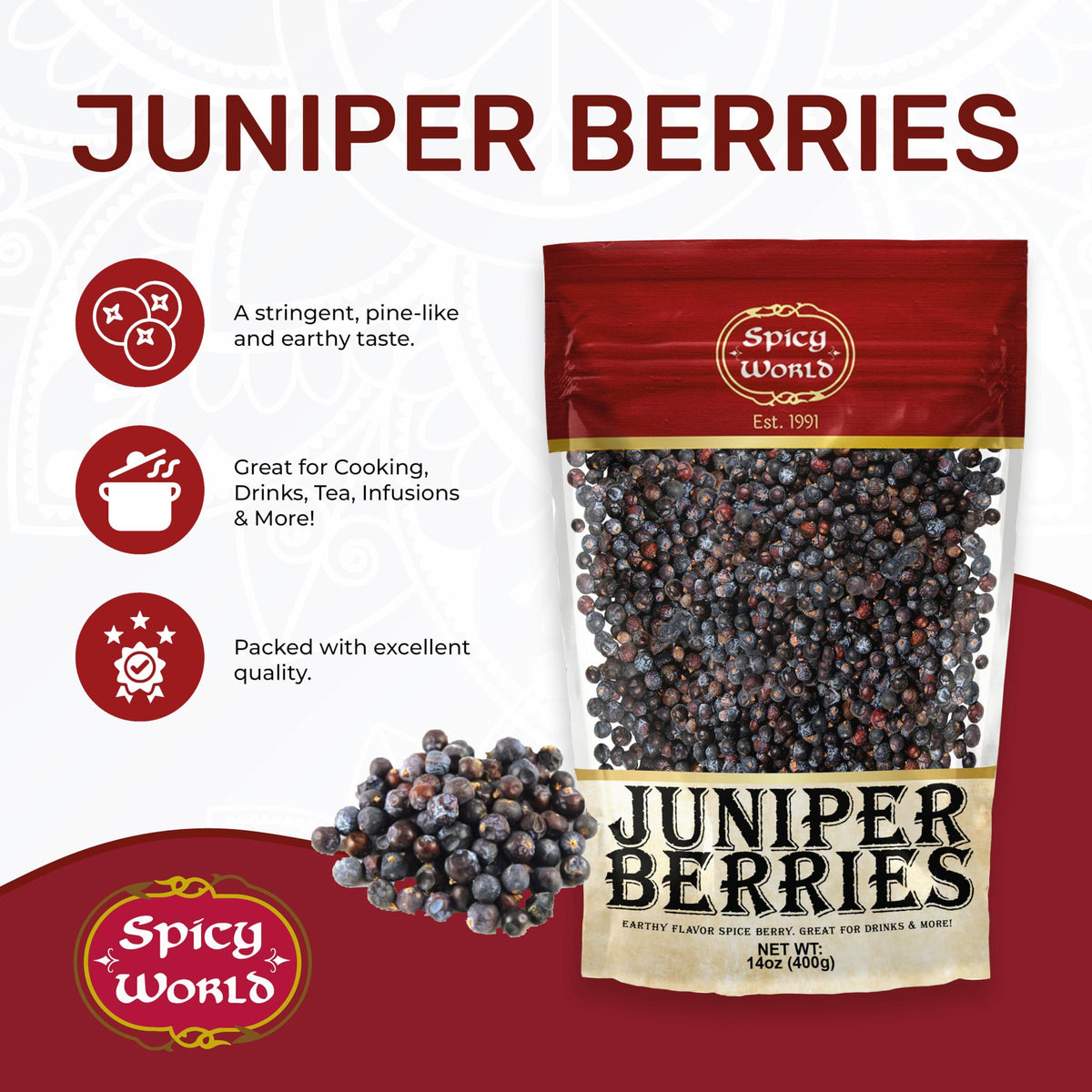 Spicy World juniper berries in dish adding aromatic notes.