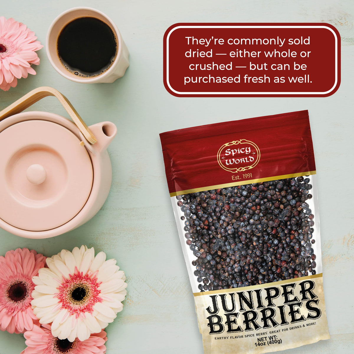 Spicy World juniper berries packaging on display.