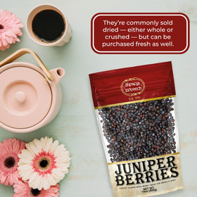 Spicy World juniper berries packaging on display.