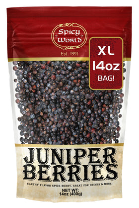 Spicy World juniper berries whole 14oz bag for savory cooking.