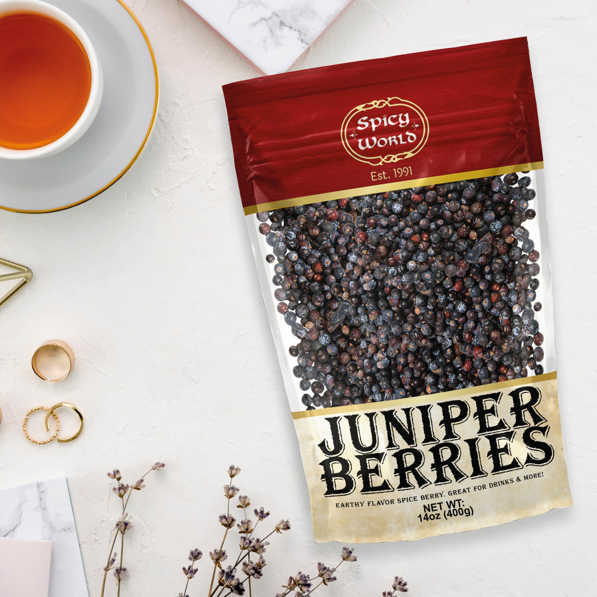 Spicy World kitchen shelf featuring juniper berries.