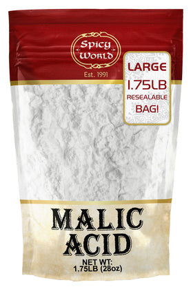 Spicy World Malic Acid Powder crystal jar for tart flavors in candies and drinks.