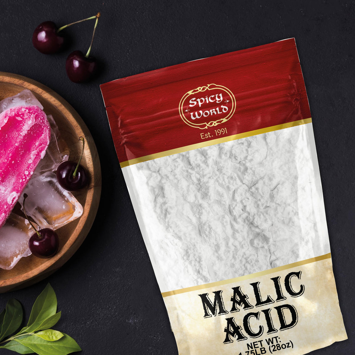 Spicy World Malic Acid Powder label confirming food-grade quality.