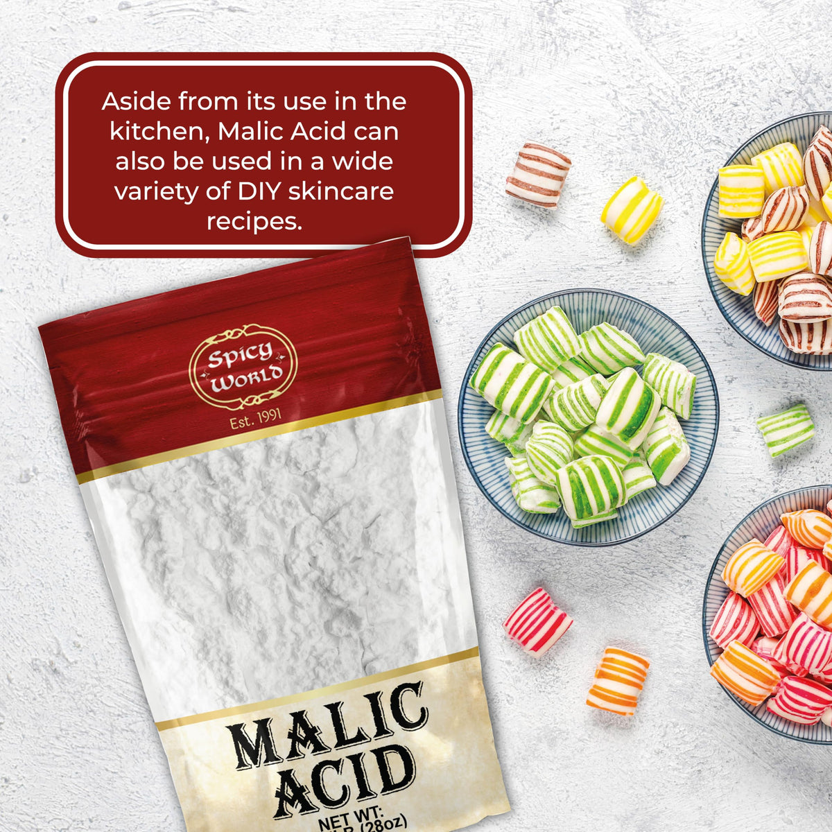 Spicy World Malic Acid Powder paired with fresh fruit for bright flavors.