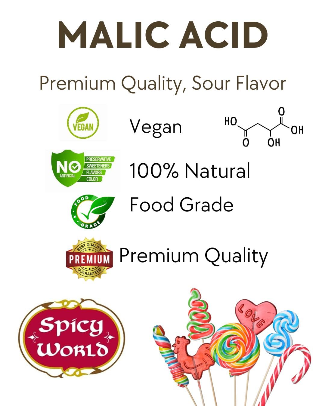 Spicy World Malic Acid Powder measuring scoop enabling precise tart additions.