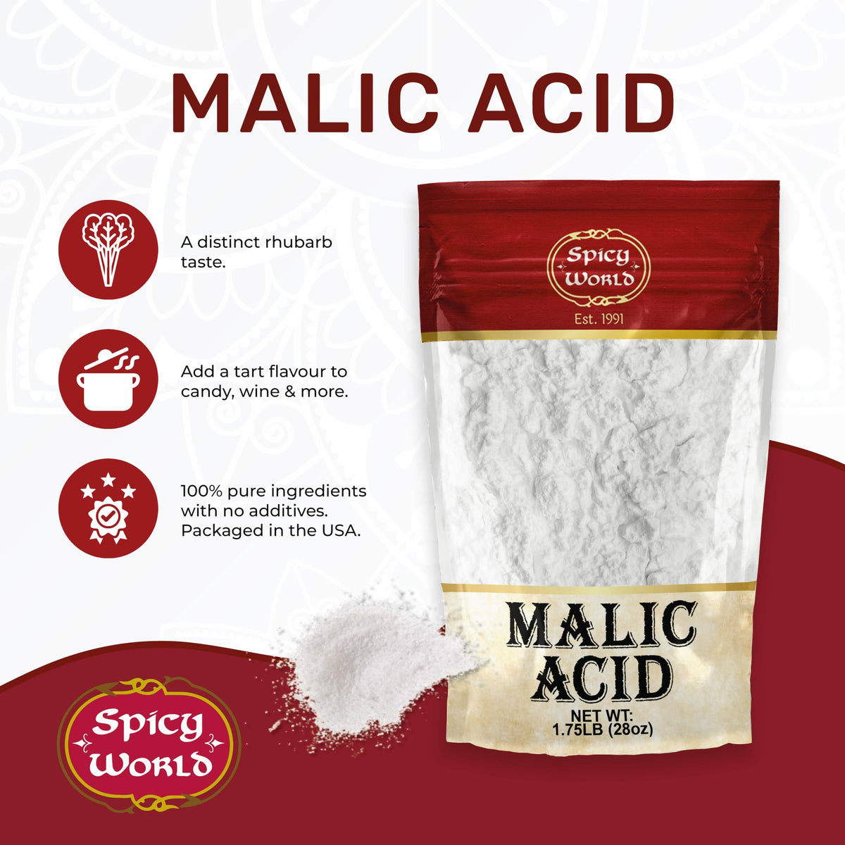 Spicy World Malic Acid Powder on white background showing pure additive-free form.