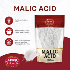 Spicy World Malic Acid Powder on white background showing pure additive-free form.