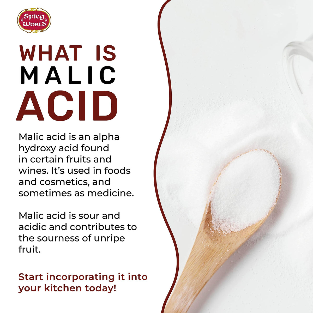 Spicy World Malic Acid Powder packaging manufactured in the USA for quality.