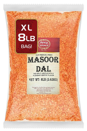 Spicy World Masoor Dal bag front showing an 8 lb package for affordable plant-based protein.