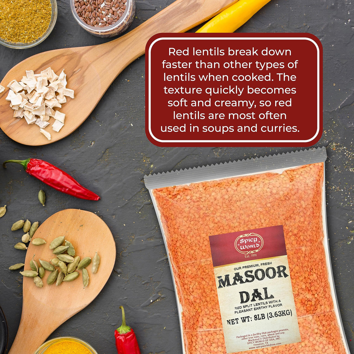 Spicy World Masoor Dal bulk size label emphasizing value for families.