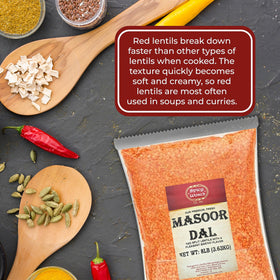 Spicy World Masoor Dal bulk size label emphasizing value for families.