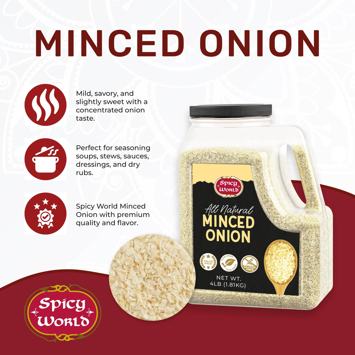 Spicy World minced onion jar packaging on kitchen counter, ideal bulk supply for restaurants and home cooks.