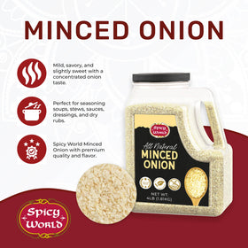 Spicy World minced onion jar packaging on kitchen counter, ideal bulk supply for restaurants and home cooks.