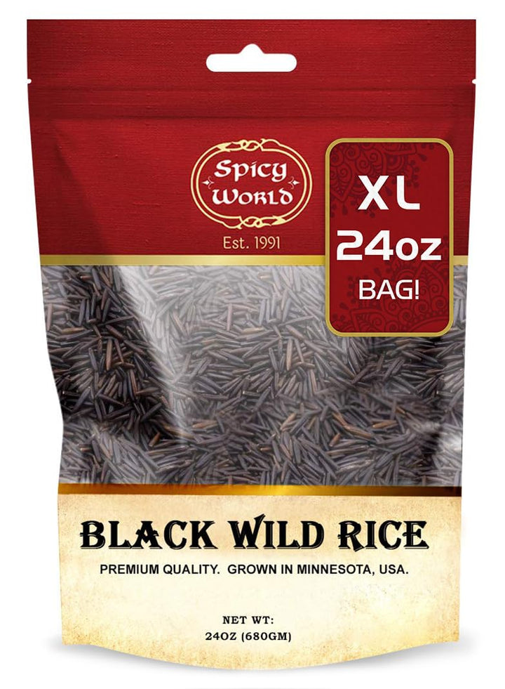Spicy World Minnesota Grown Black Wild Rice bag front highlighting premium all-natural grain for hearty meals