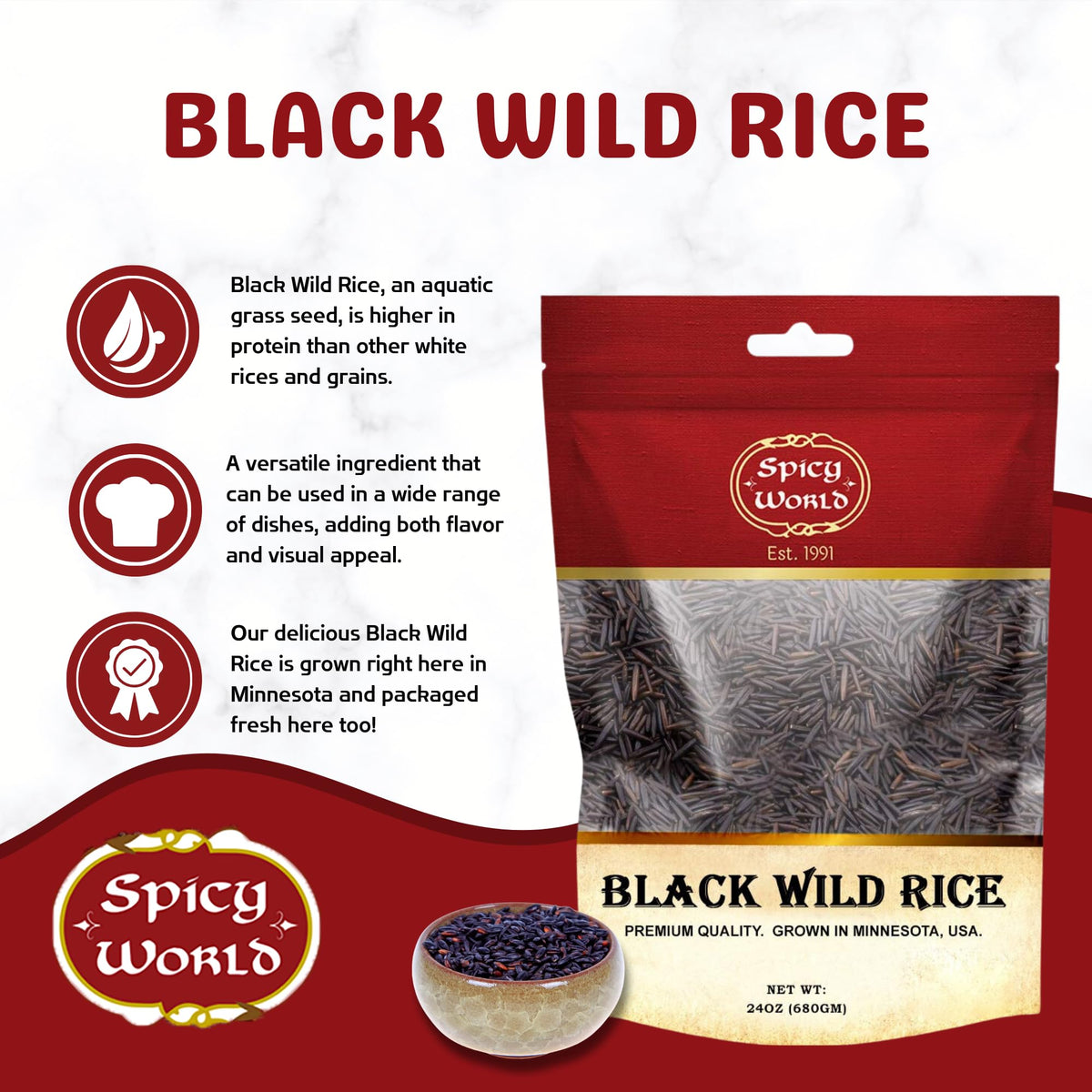 Spicy World bag label close-up emphasizes authentic Minnesota harvest and quality packaging