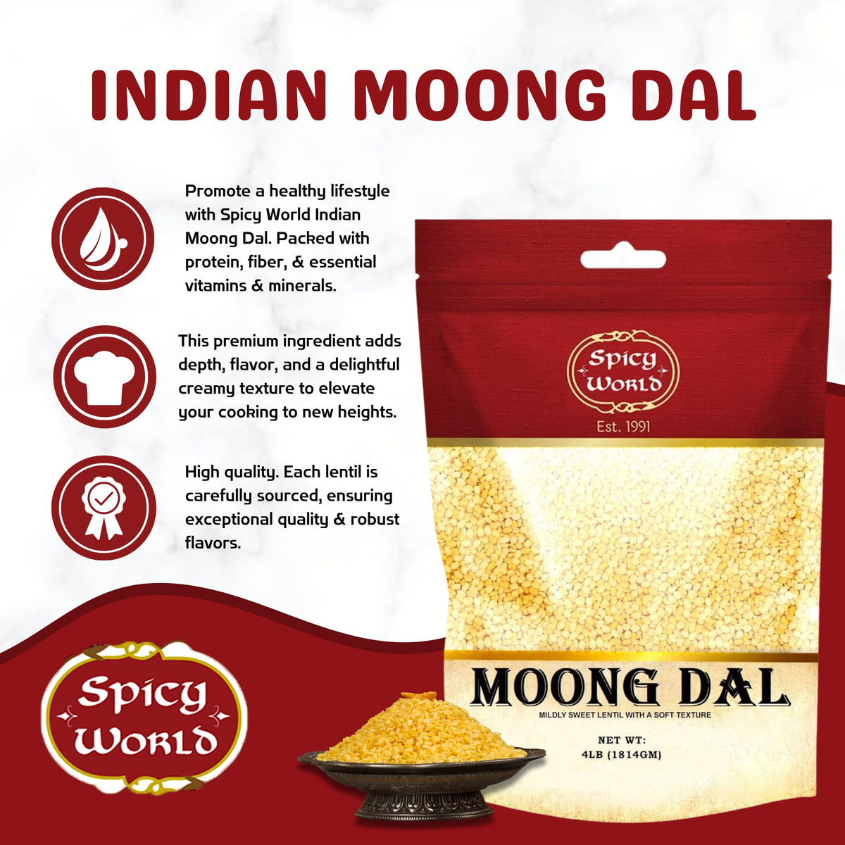 Spicy World Moong Dal golden lentils close-up, rich texture ideal for creamy dals.