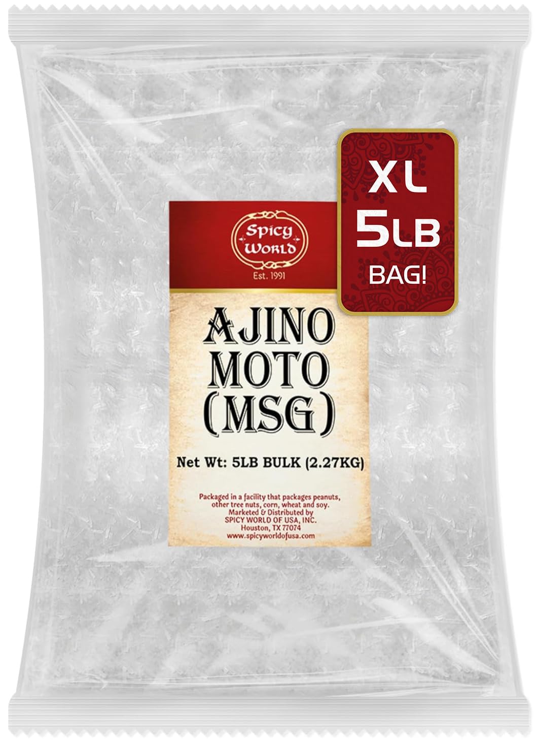 Spicy World MSG 5lb bulk bag ready for savory flavor enhancement.