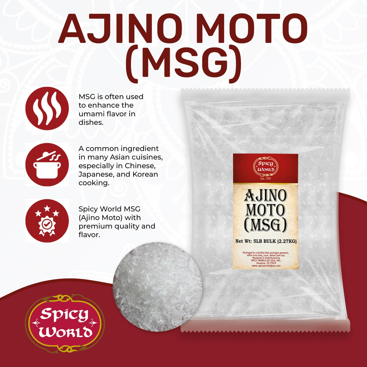 Close-up of Spicy World MSG powder for enhanced flavor.