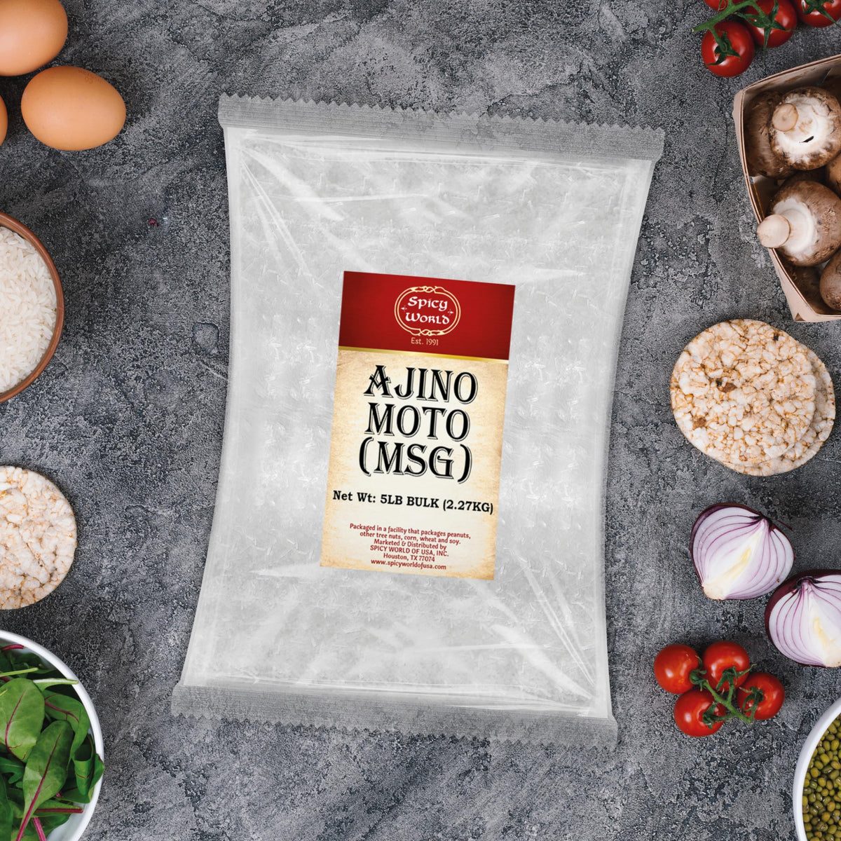 Kitchen scene with Spicy World MSG bulk bag and scoop for daily seasoning.