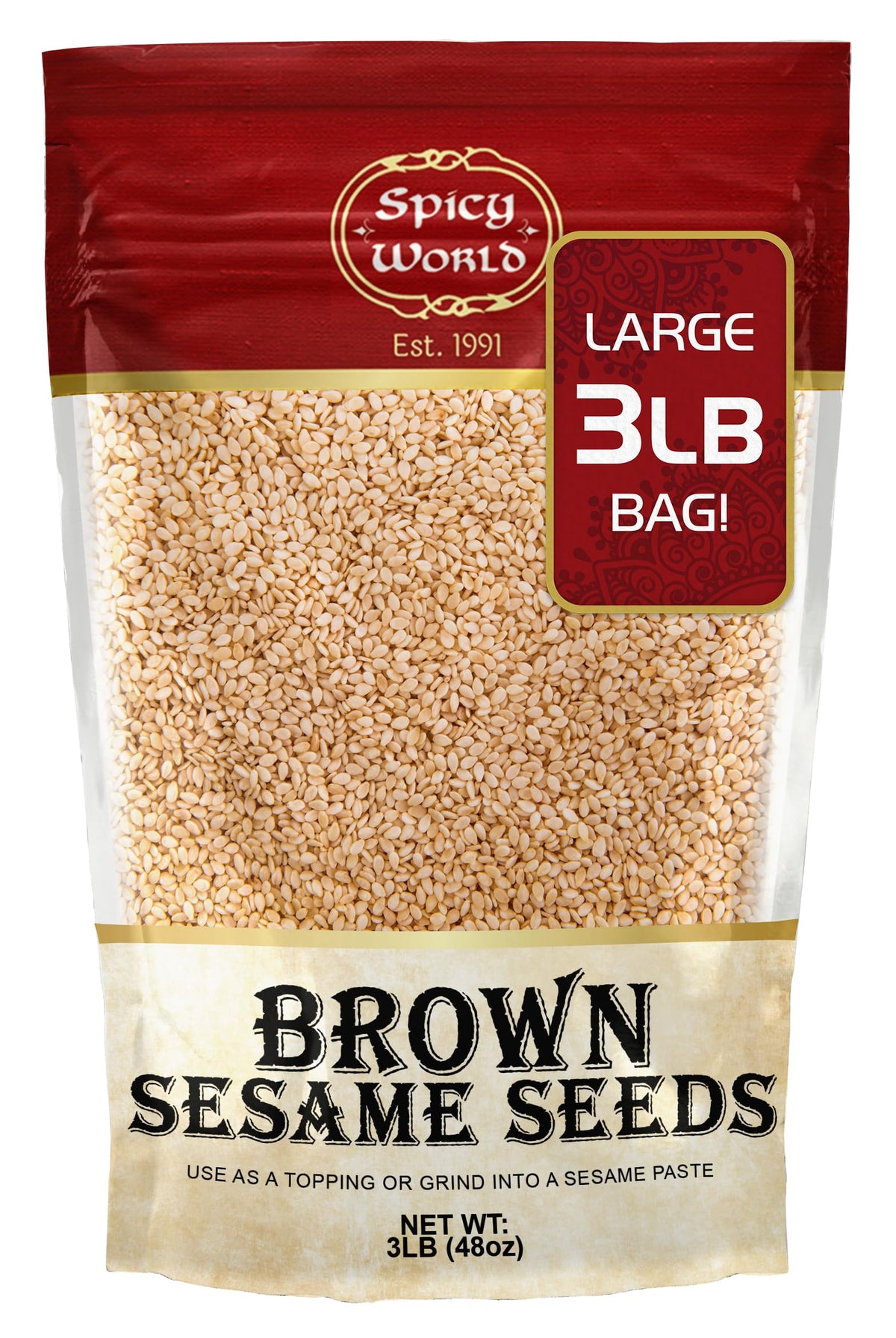 Spicy World natural brown sesame seeds in a bag, ideal for topping and cooking