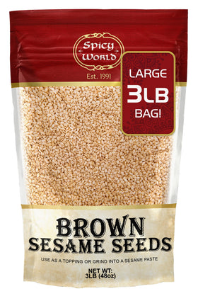 Spicy World natural brown sesame seeds in a bag, ideal for topping and cooking