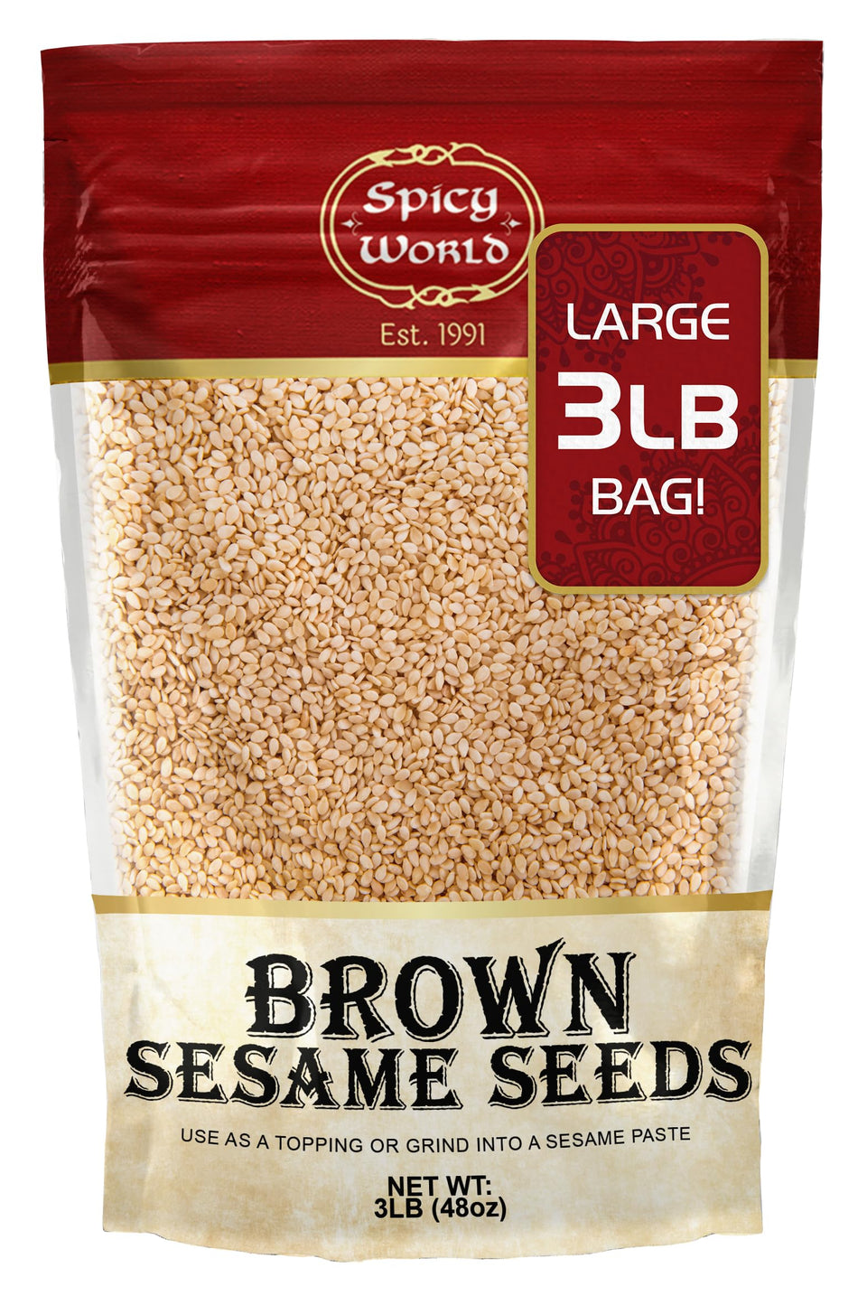 Spicy World natural brown sesame seeds in a bag, ideal for topping and cooking