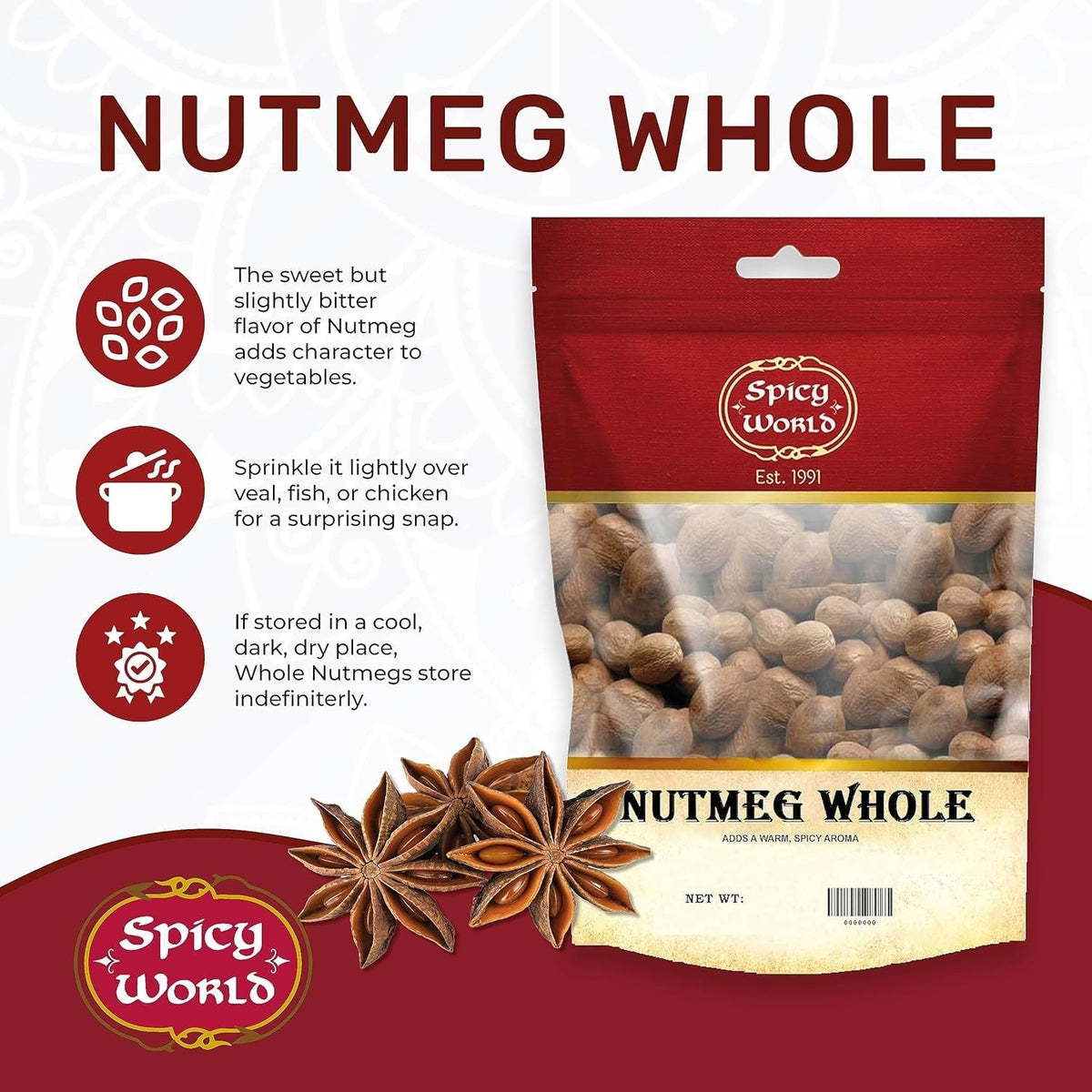 Close-up of 60+ nutmeg pieces indicating consistent seasoning.