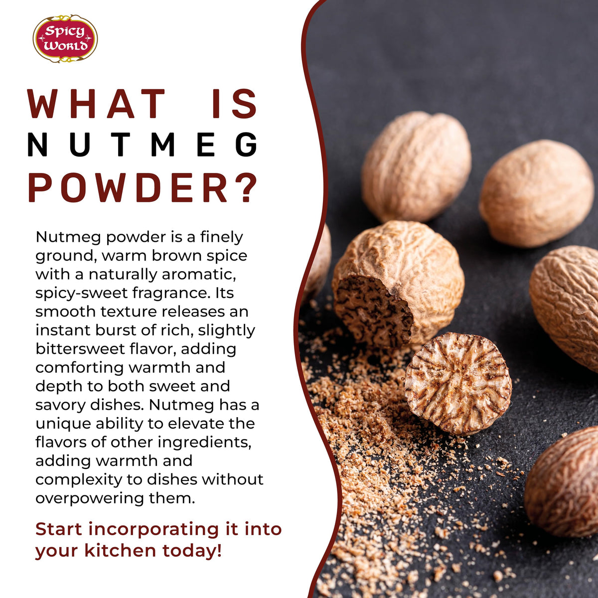 Spicy World Nutmeg Powder baking ideas scene highlights versatile desserts.