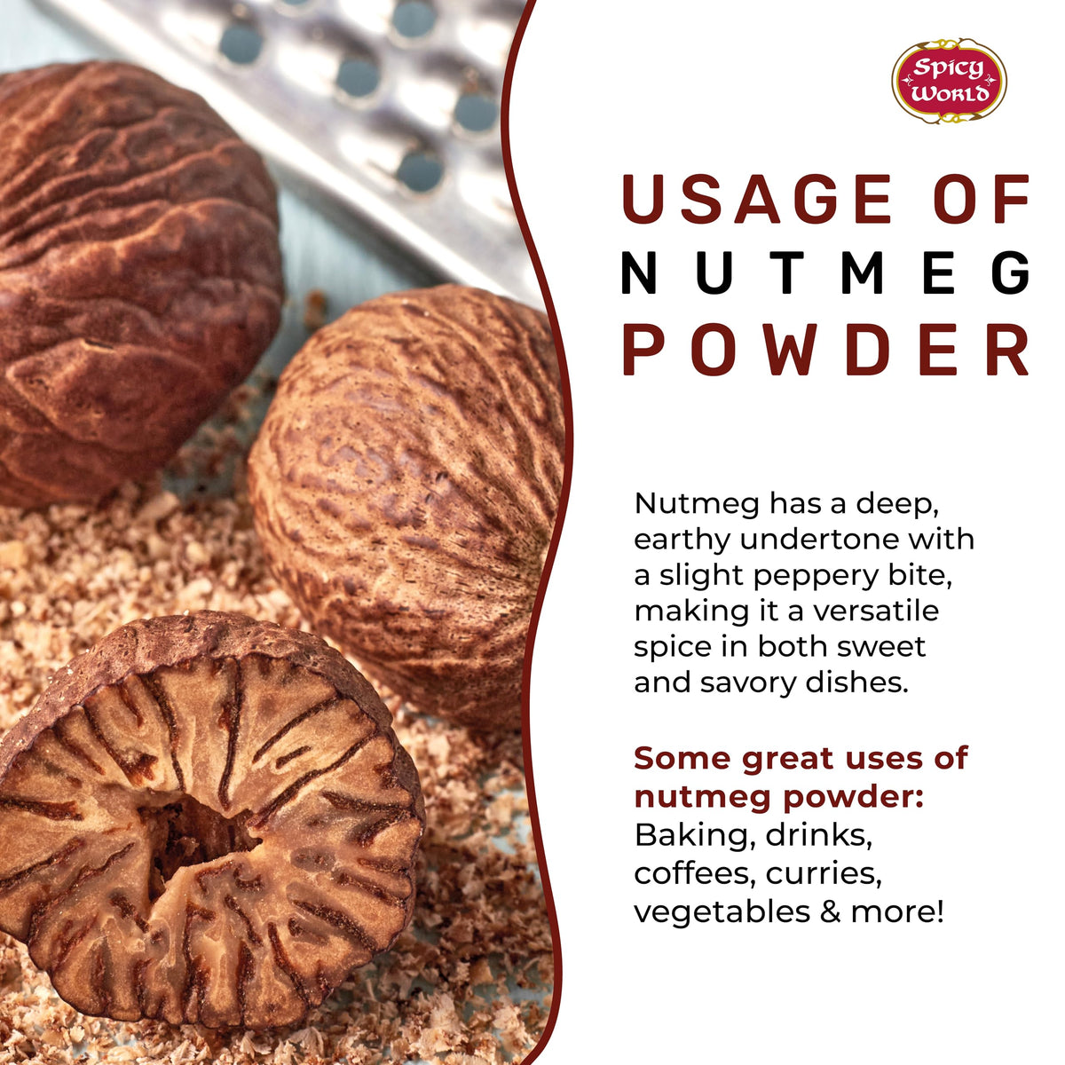 Spicy World Nutmeg Powder enhances coffee and lattes with warm spice.