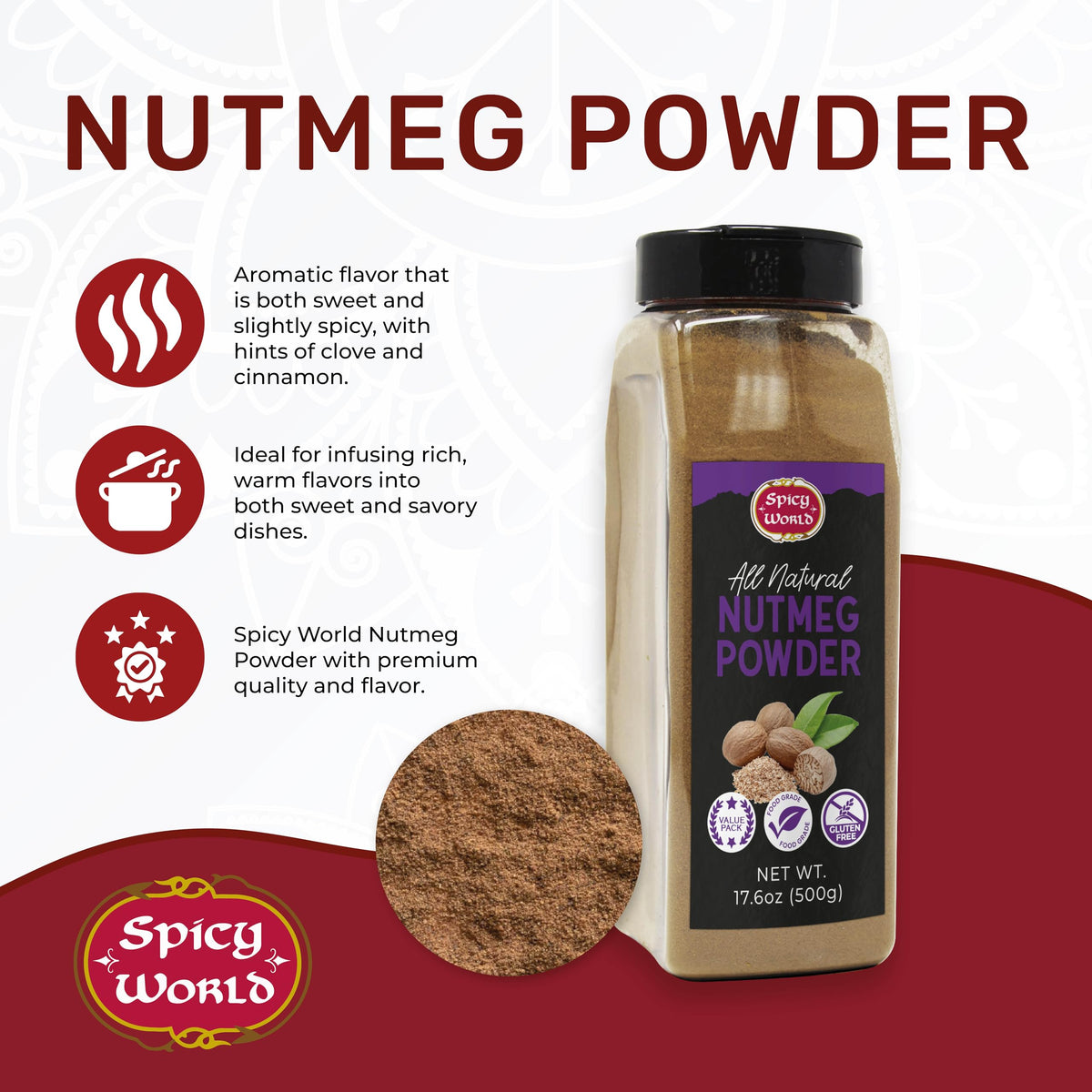 Spicy World Nutmeg Powder dispensing scoop for easy dusting and measuring.
