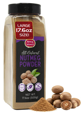 Spicy World Nutmeg Powder in a 500g jar for rich aroma in baking and cooking.