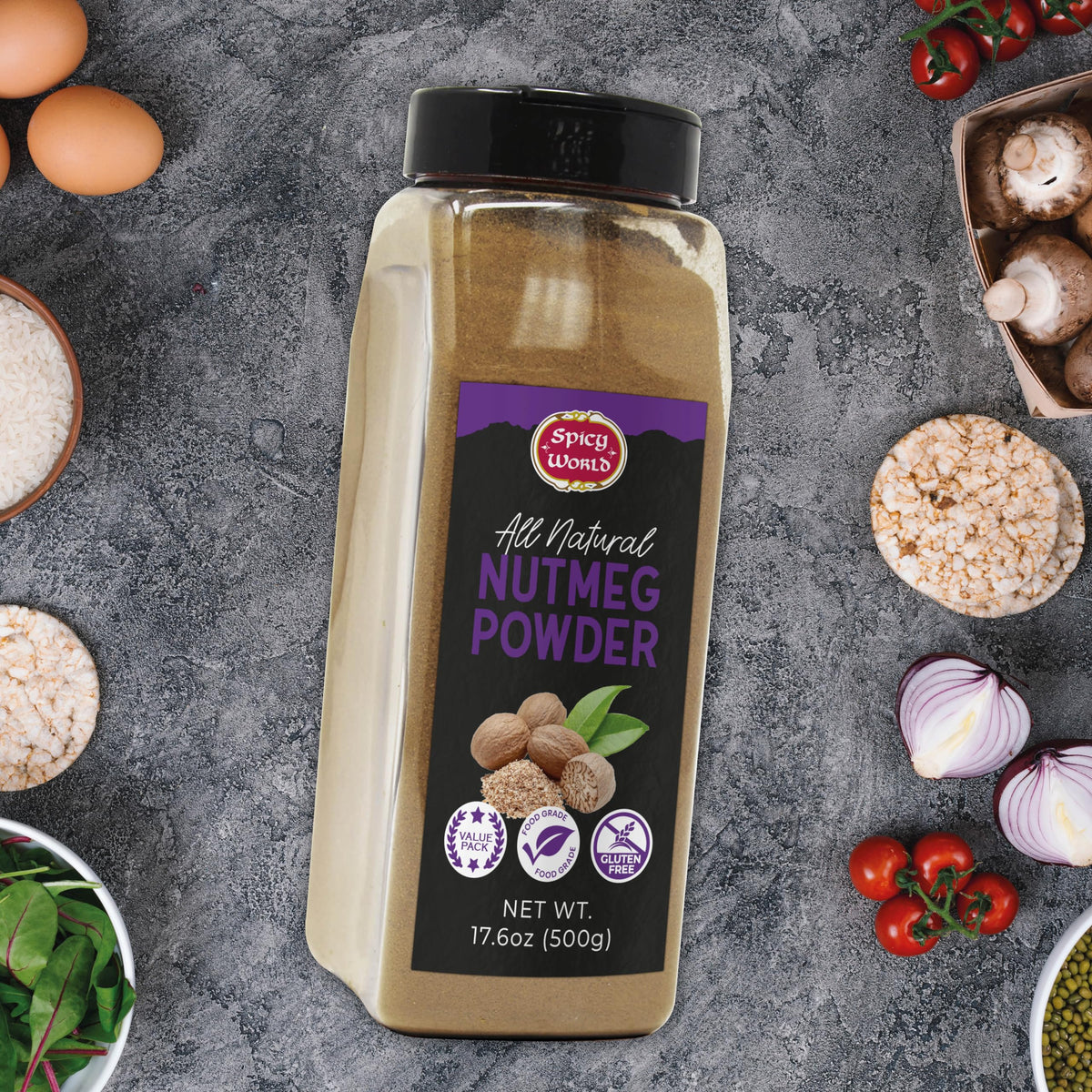 Spicy World Nutmeg Powder kitchen scene emphasizes premium quality ingredients.