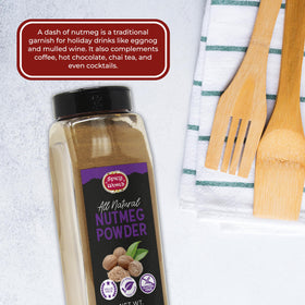 Spicy World Nutmeg Powder packaging display shows value and quantity.