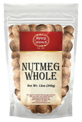 Spicy World whole nutmeg in a 12 oz bag ready for fresh grating.