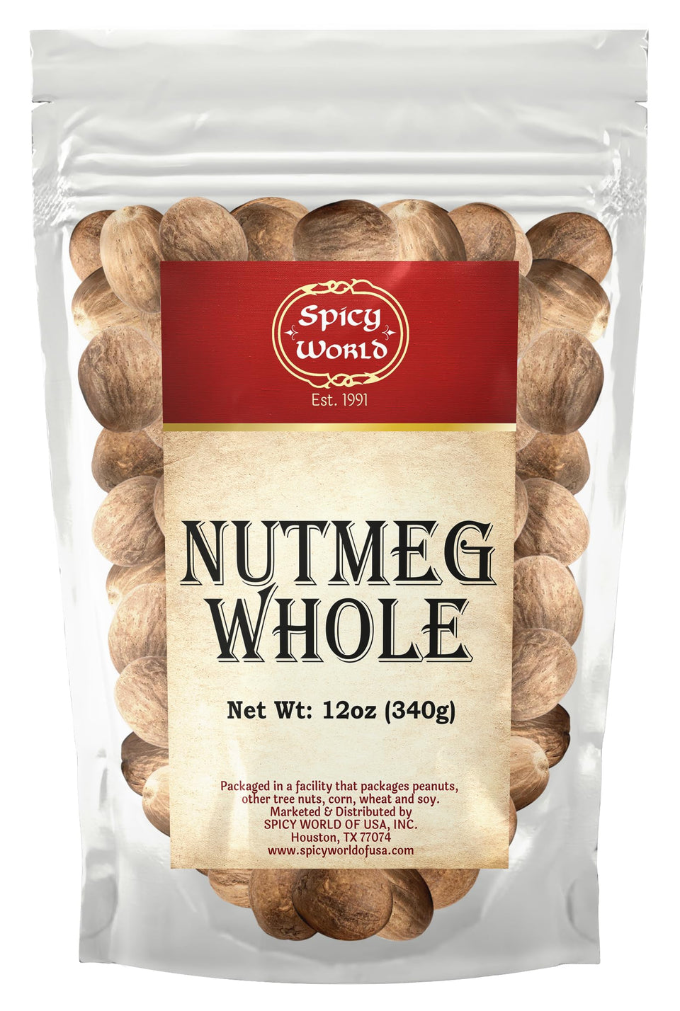 Spicy World whole nutmeg in a 12 oz bag ready for fresh grating.