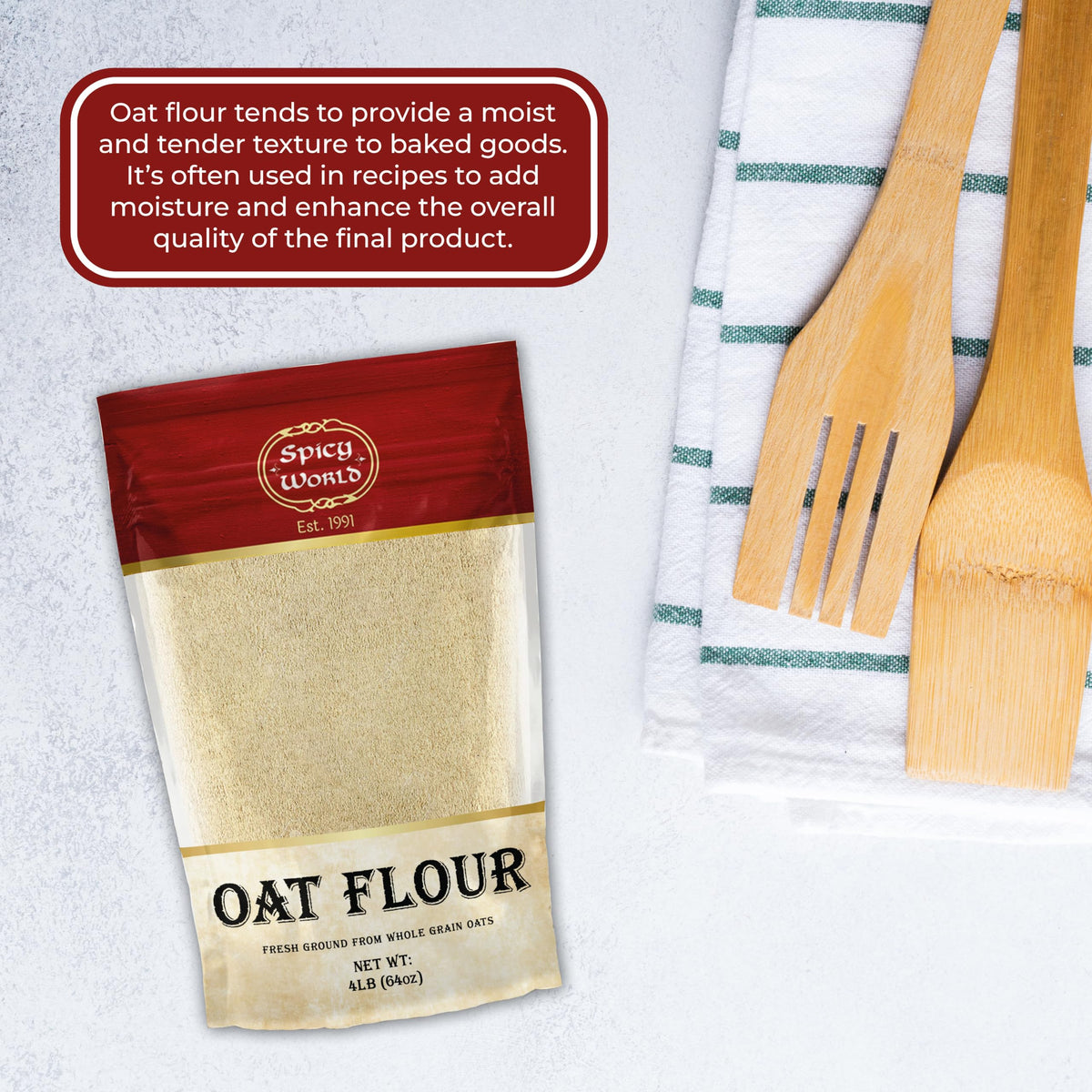 Non-GMO Spicy World oat flour supports clean ingredient ideas.