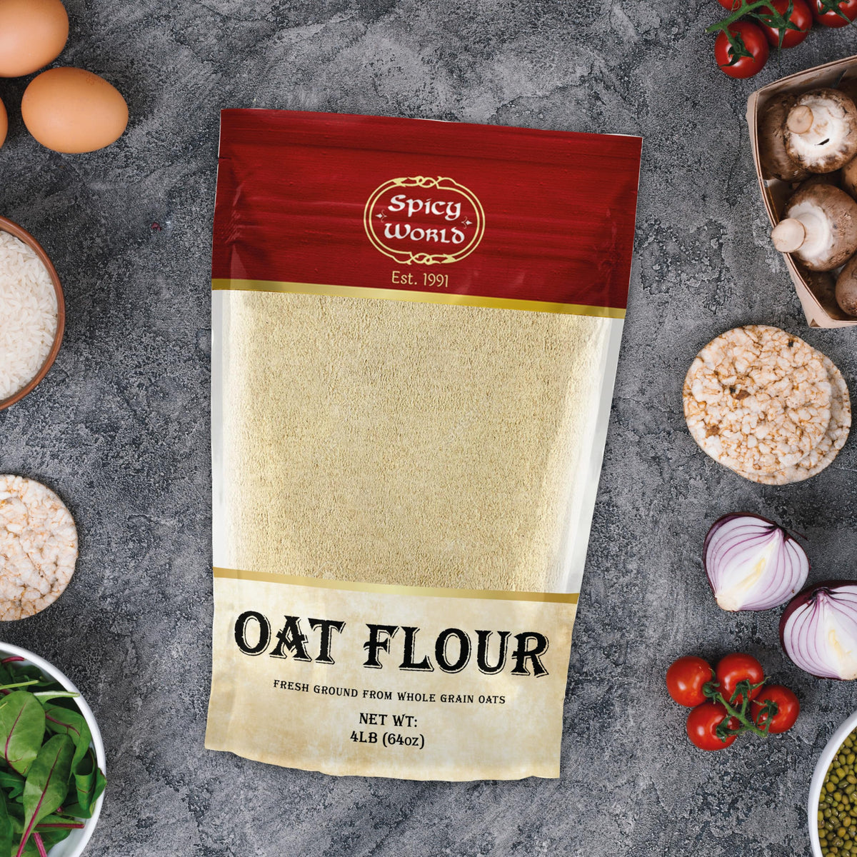 Oat flour batter for pancakes or waffles with Spicy World.