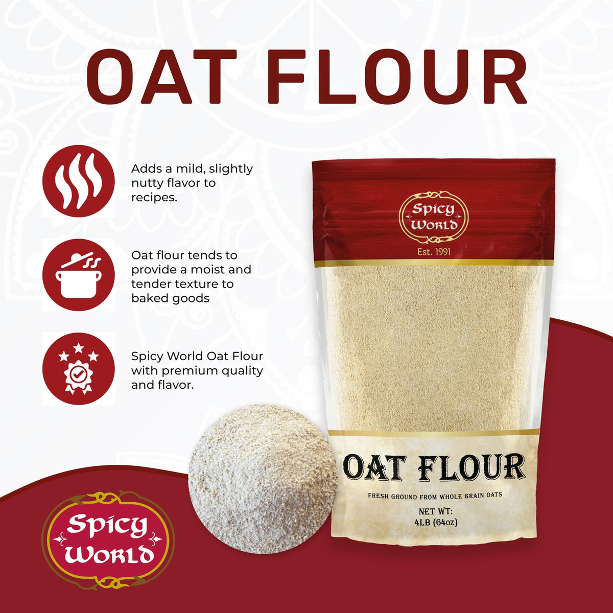 Pouring Spicy World oat flour into a bowl for quick batter prep.