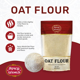 Pouring Spicy World oat flour into a bowl for quick batter prep.