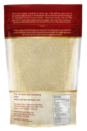 Spicy World oat flour made from USA-grown oats, highlighting domestic quality.