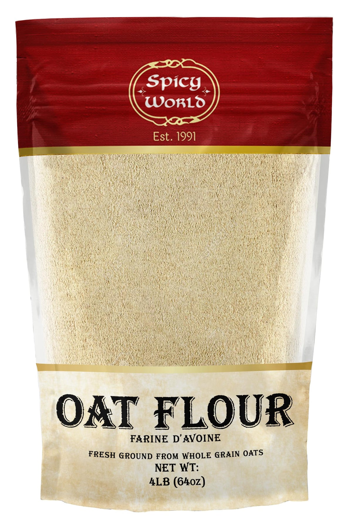Spicy World Whole Grain Oat Flour 4lb bag ready for baking, a versatile pantry staple.