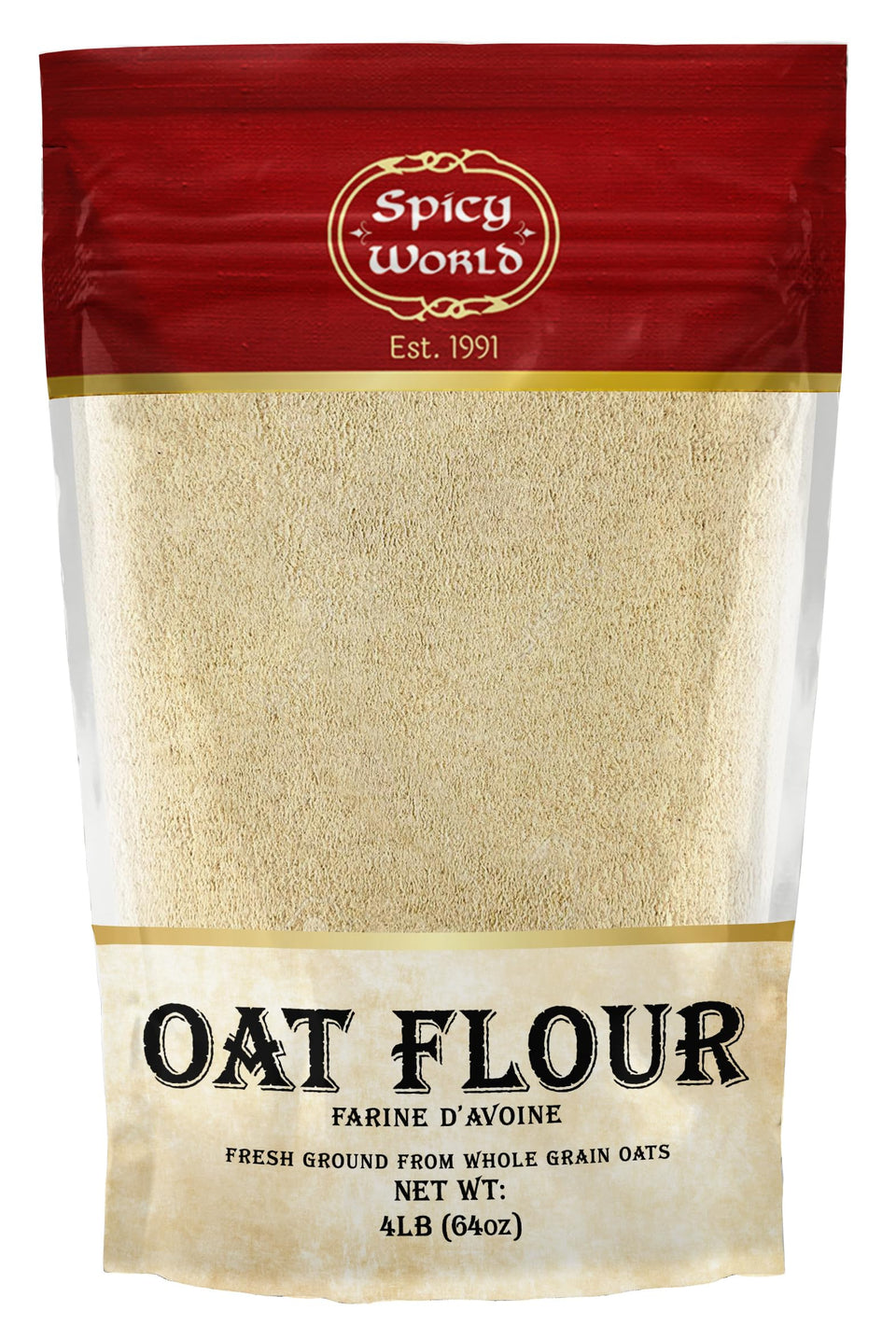 Spicy World Whole Grain Oat Flour 4lb bag ready for baking, a versatile pantry staple.