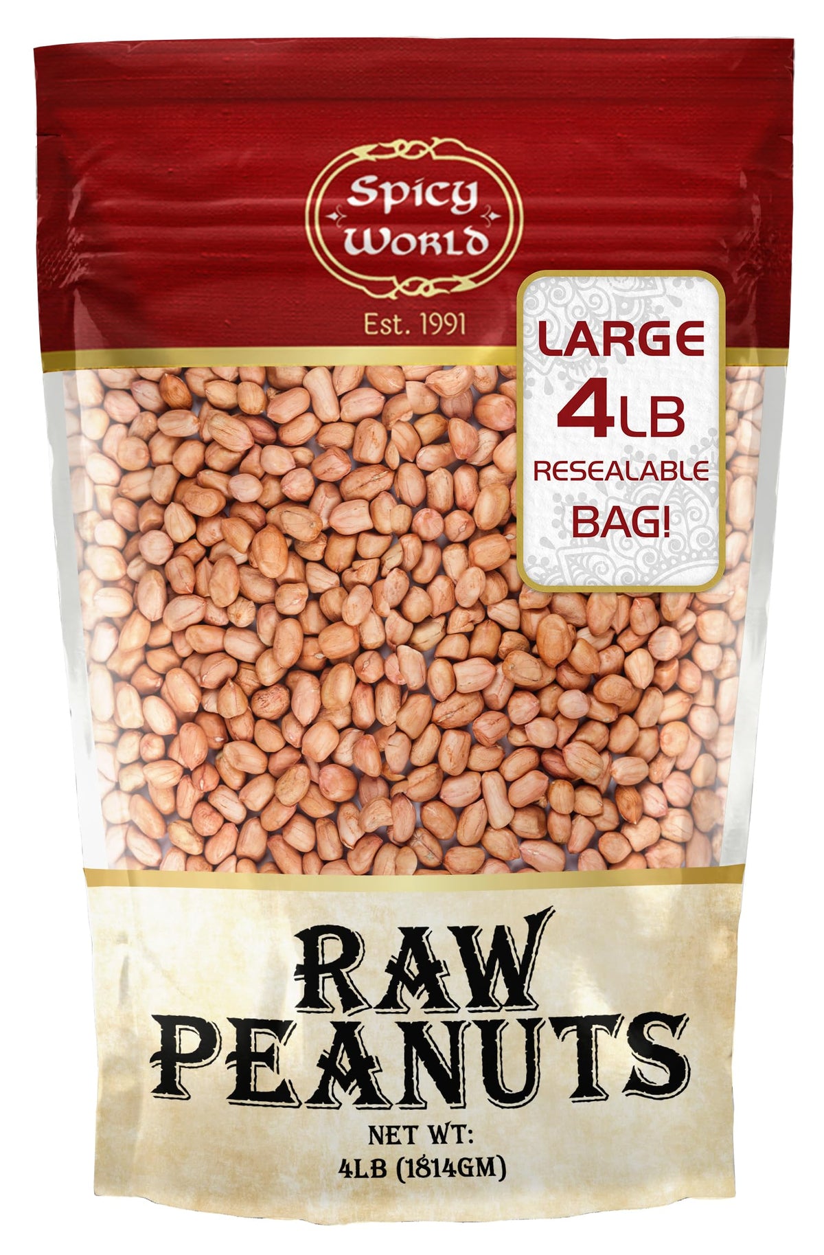 Spicy World raw peanuts with skin in 4 lb bag, ideal for roasting at home.