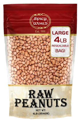 Spicy World raw peanuts with skin in 4 lb bag, ideal for roasting at home.