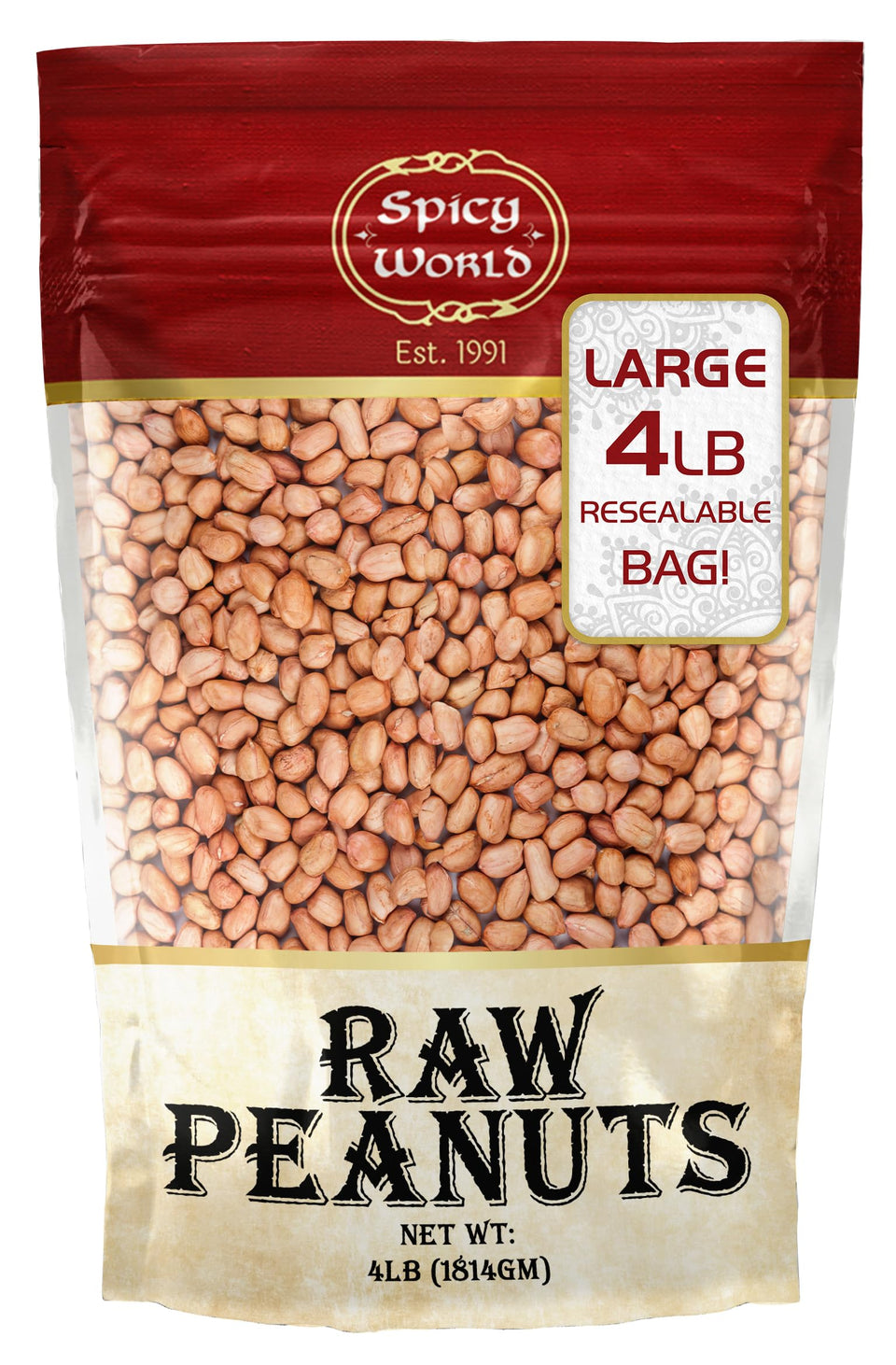 Spicy World raw peanuts with skin in 4 lb bag, ideal for roasting at home.