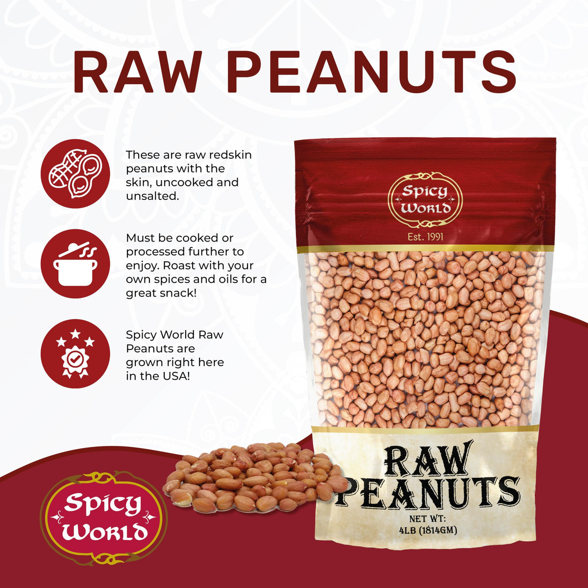 Spicy World USA-grown redskin peanuts ready for Southern-style boiling.