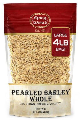 Spicy World Pearl Barley raw kernels close-up for pantry versatility.