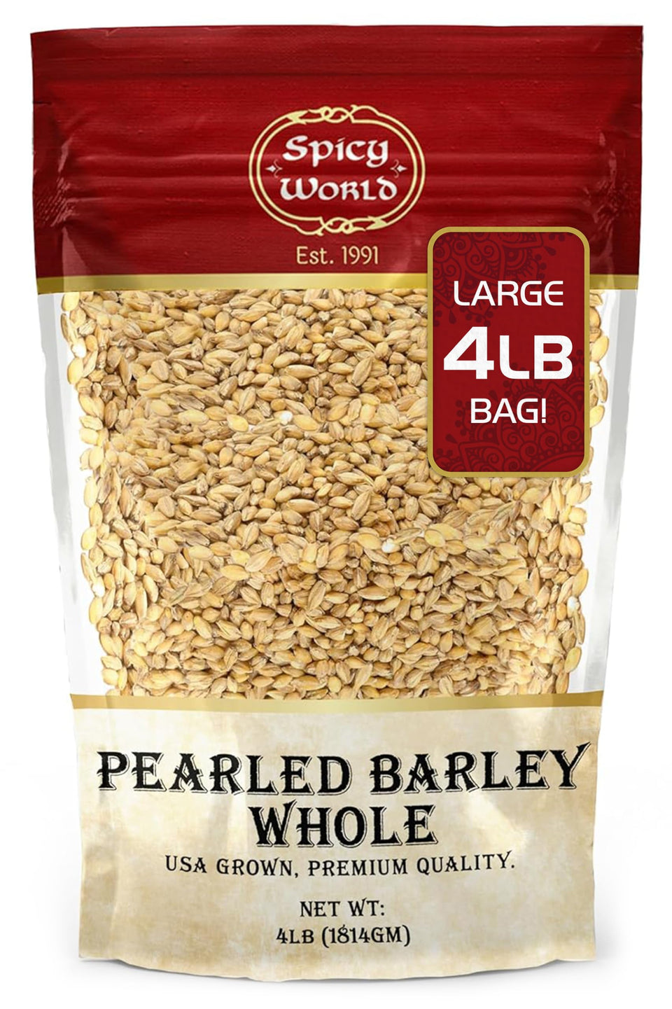 Spicy World Pearl Barley raw kernels close-up for pantry versatility.