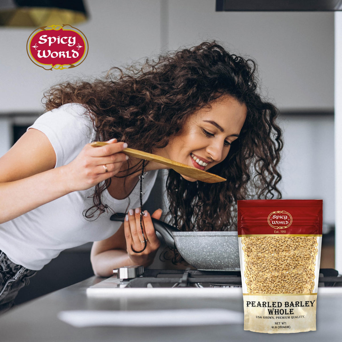 Spicy World Pearl Barley resealable bag for long-term freshness.